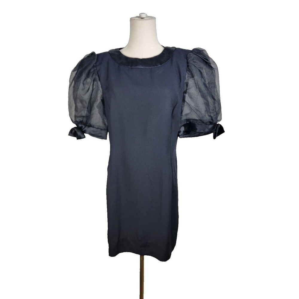Maya Jornot Michael Marcella Vintage Black Sheer Puff Sleeve 80s Dress Size 12